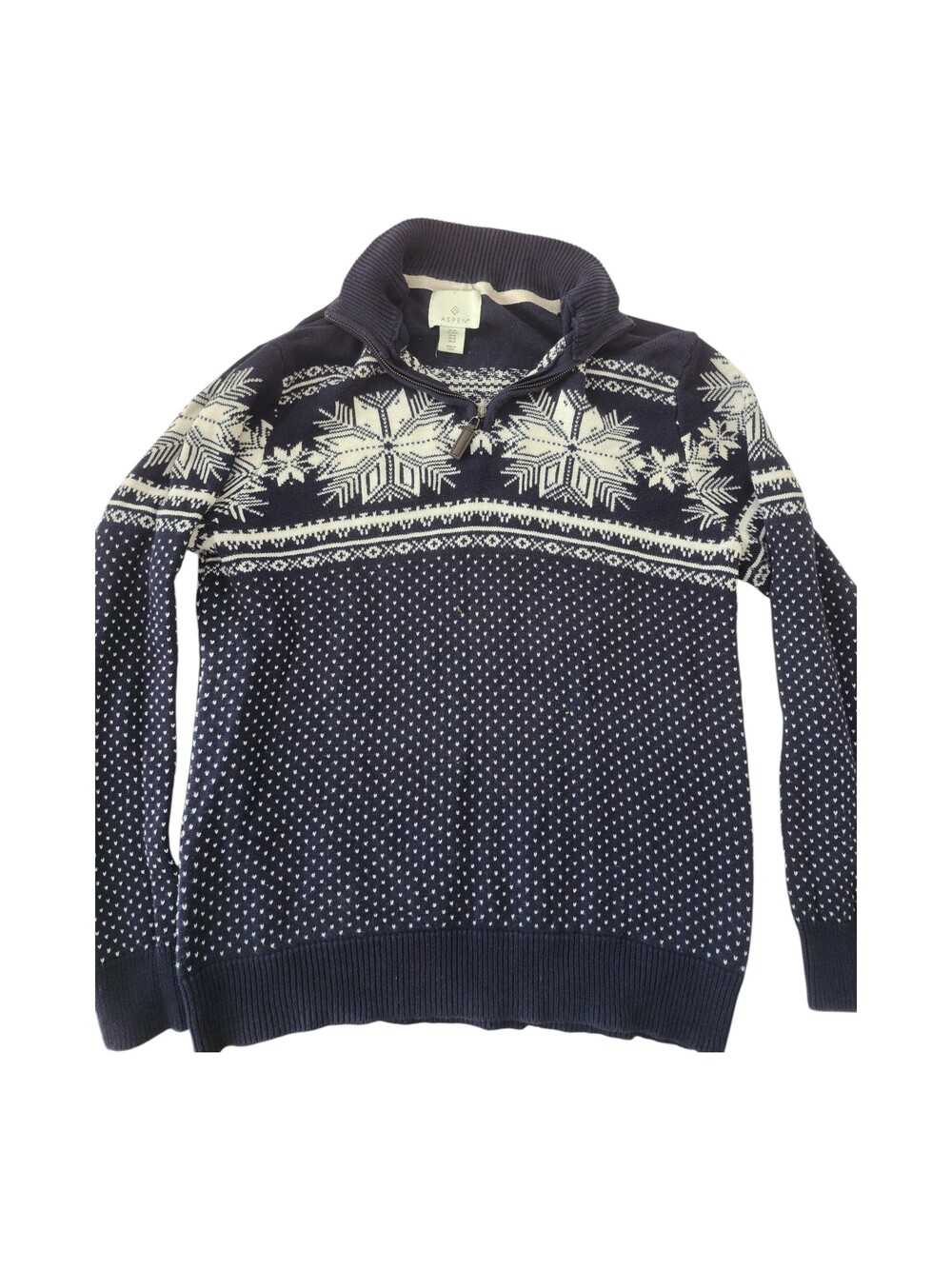 Men's Aspen Medium Navy Blue Cotton Sweater Quarter Zip Snowflake Pattern